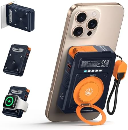 Magnetic 5-in-1 Power Bank with Built-in AC Plug – 10,000 m Ah Mag Safe Battery Pack for i Phone 16/15/14/13/12 Mini, Apple Watch & Air Pods – 22.5 W Fast Wired & 15 W Wireless Charging with 360° Rotating Stand – Effortless Convenience & Advanced Safety Features for On-the-Go Users