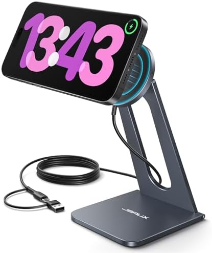 Magnetic Wireless Charging Stand by JSAUX – Effortless Fast Charging for i Phone 12/13/14/15/16 Series – Sleek Grey Design for Ultimate Compatibility and Portability – Ergonomic Mag Safe-Compatible Holder for Seamless Device Usage During Charging