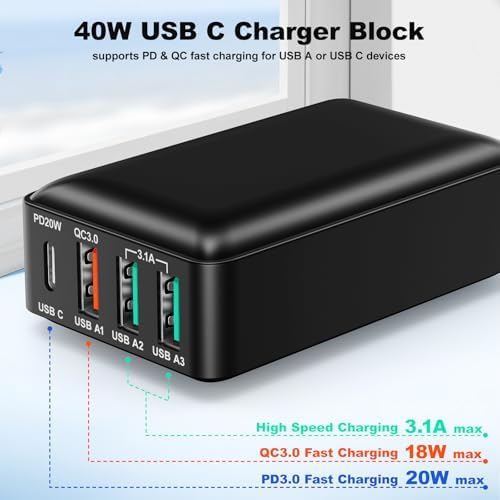 Excgood 40 W Ultra-Fast Multi-Port USB Wall Charger – Compact Foldable Power Adapter for Fast Charging i Phone 16/15/14/13, Galaxy S24, and More – Versatile 4-Port USB & USB-C Hub for Effortless Device Powering Anytime, Anywhere