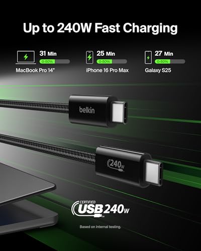 Belkin USB C to USB C Cable 2-Pack – 6.6 ft High-Speed Charging Solution for i Phone 16, Galaxy S25, Mac Book, and More – Durable Braided Design with 240 W Power Delivery for Ultimate Performance – Flexible and Stylish Charging Cords for Home, Office, and Travel