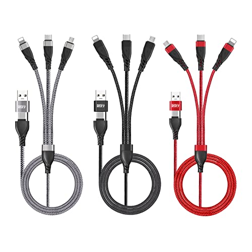 Universal 6-in-1 USB Charging Cable Set – 4 ft Multi-Device Nylon Braided Cords for Fast Charging – Compatible with Phones, Type C, and Micro USB – 3-Pack in Stylish Gray, Black, and Red for Home, Office, and Travel