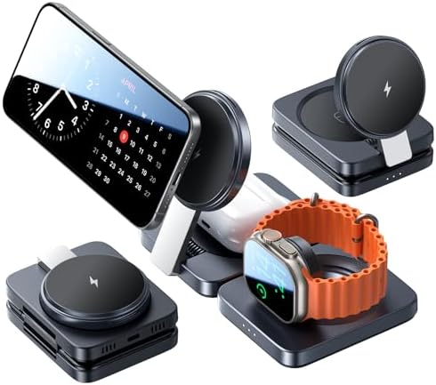 LISEN 3-in-1 Foldable Magnetic Wireless Charger Dock for Apple Devices – Compact Travel Charging Station for i Phone 16, 15, 14, 13, 12 Pro Max Plus, Apple Watch & Air Pods – Enhanced Mag Safe Compatibility and Fast Charging Efficiency