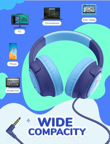 i Clever Kids Headphones: Safe 85 d B Volume Limit, Ergonomic Foldable Design, Superior Stereo Sound, 3.5 mm Jack Compatibility – Ideal for Travel, School & Home Use – Stylish Blue-Green for Boys & Girls