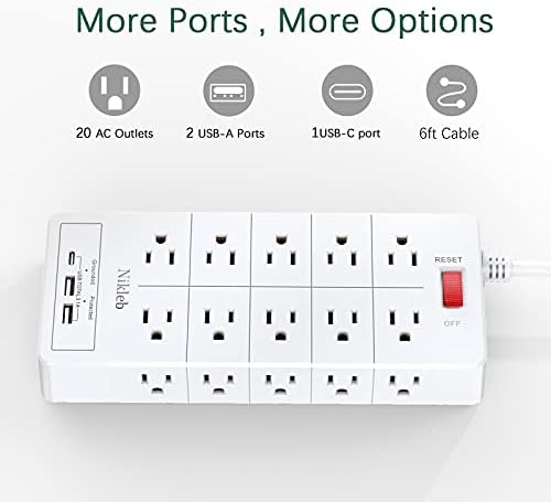 Maximize Your Power with the 23-in-1 Heavy Duty Surge Protector Power Strip – 20 Outlets Plus 2 USB and 1 USB-C Ports, 6 ft Wall-Mountable Extension Cord for Efficient Gaming, Office, and Home Setup – Unmatched Compatibility and Fast Charging Solutions