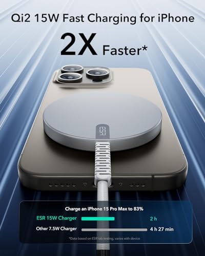 ESR Mag Safe Charger Duo Pack – 15 W Fast Wireless Charging Pad with Qi2 Technology for i Phone 12-16, Galaxy S25, and Air Pods – Superior Magnetic Alignment & Type-C Cable Included – Sleek Black Design for Effortless Charging Convenience