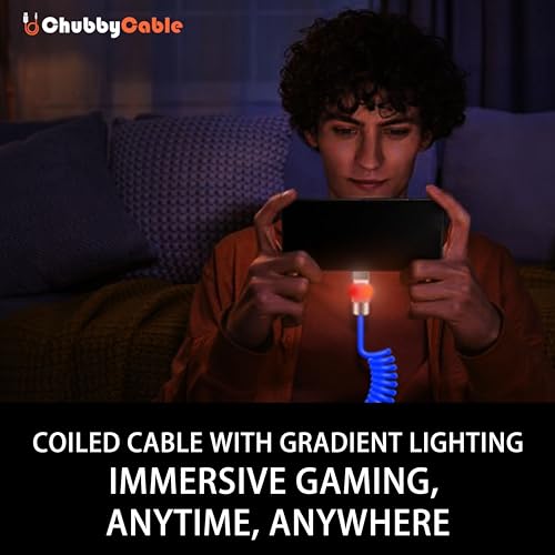 Neon Chubby USB-C Charging Cable with Fast Charge and Adjustable Length – Coiled Design for Maximum Flexibility and Stunning Gradient Illumination (1.64 FT to 4.43 FT) – Durable and Stylish Accessory for Smartphones and Tablets, Enhancing Your Charging Experience with Eye-Catching Glow and Robust Performance