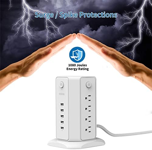 10 ft NTONPOWER Power Strip Tower with 8 Outlets & 5 USB Ports – Premium Surge Protector with Individual Switches, 1080 Joules Protection, 13 A Circuit Breaker – Ideal for Home Office & Entertainment Setup, Sleek Black Design for Ultimate Convenience