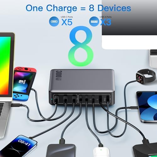 High-Power 300 W USB C Charging Hub – 8-Port Ga N III Fast Charger for Mac Book Pro, Dell, i Phone 16/15/14, Galaxy S23/22 – Ultimate Multi-Device Charging Station for Home and Travel with PD Compatibility