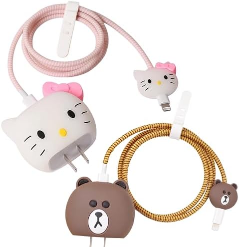 Adorable 3 D Cartoon Charger Protectors – Kitty & Bear Pack of 2 for i Phone 11, 12, 13, 14 Pro Max – Cute Silicone Cable Sleeves for Enhanced Durability & Style – Protect Your Charging Heads from Damage & Dust with Kawaii Designs – Compatible with 18 W & 20 W i Phone Chargers – Lightweight & Portable Charging Accessories for Everyday Use