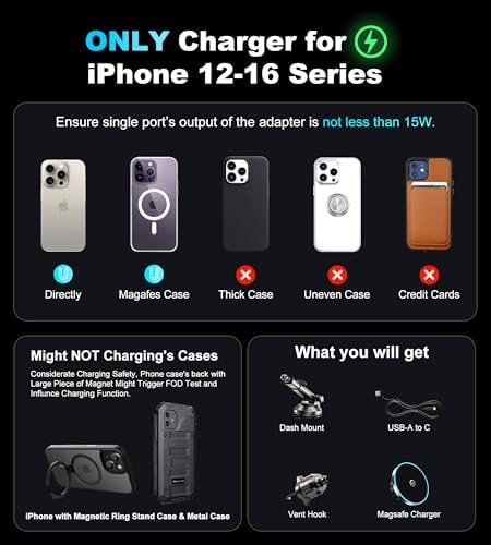 Mag Safe Wireless Car Charger Mount – Ultimate Magnetic Phone Holder for i Phone 12-16 Series, Dash/Windshield/Vent Compatibility, Enhanced Quick Charge with LED Light for Safe Navigation and Seamless Connectivity