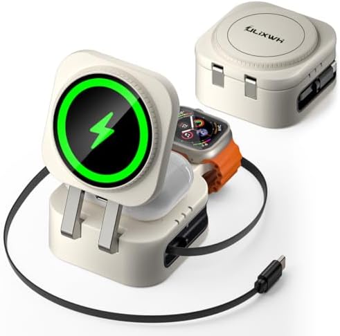 2025 3-in-1 Magnetic Wireless Charging Station for Apple Devices – Fast 15 W Mag Safe Charger with Retractable Cable and Foldable Stand for i Phone 16/15/14/13/12 Pro Max, Apple Watch, and Air Pods – Ultimate Portability and Enhanced Safety Features