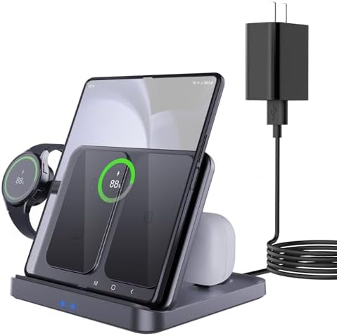 Ultimate 3-in-1 Foldable Wireless Charging Station for Samsung Z Fold 6/5, Z Flip, S24/S23, Galaxy Watch Ultra & Buds – Fast Charge Dock with PD Adapter for Enhanced Efficiency & Compatibility