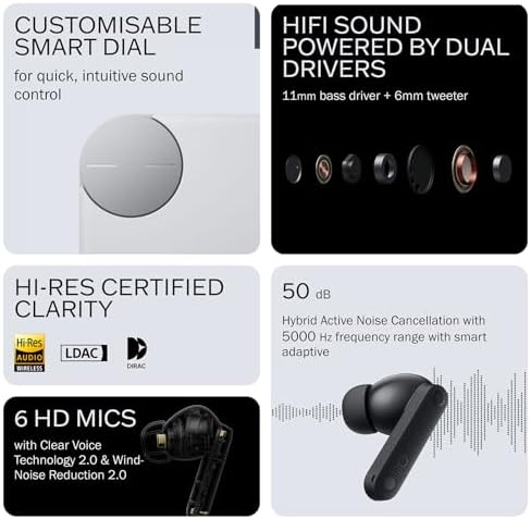 CMF Buds Pro 2 Wireless Earbuds – Superior Hi-Res LDAC Audio with 50 d B Hybrid Noise Cancellation and Ultra Bass for Dynamic Sound, Seamless Bluetooth 5.3 Connectivity, 43 Hours of Playtime with Compact Charging Case, Enhanced Six HD Microphone System for Optimal Call Clarity, Stylish Dark Grey Finish Perfect for Modern Audiophiles