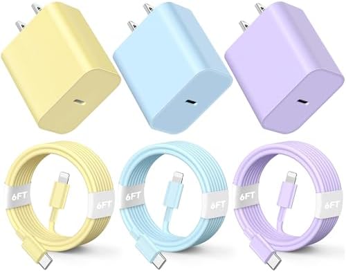 Rapid Charge 20 W USB-C Wall Charger & MFi Certified Type C to Lightning Cable Set – 3 Pack, 6 FT Cables for i Phone 14/13/12 Pro Max/11/XS/XR/X/8/Plus – Superior Durability & Versatile Use for Ultimate Power Efficiency – Ideal for Home & On-the-Go Charging Solutions
