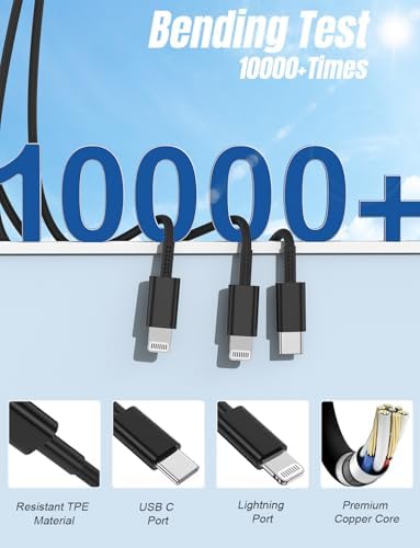 Versatile 3-in-1 i Phone Charger Cable – 6 FT USB C to Lightning with Triple Port Compatibility for i Phone 16/15/14/13/12/11 Pro Max/XS/XR/8 & i Pad Pro/Mini – Fast Charging Solution (2-Pack, Black) for Effortless Multi-Device Power Management
