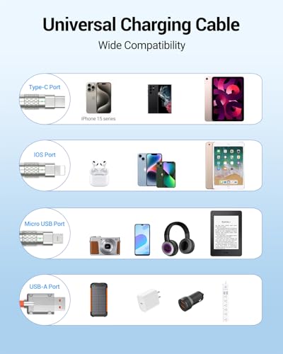 60 W Fast Charging 3-in-1 Multi Charging Cable – 4 ft Durable Silicone for Type-C, Micro USB & Lightning Devices – Perfect for i Phone 15, i Pad, Samsung, Google – Includes Stylish Leather Strap for Tangle-Free Organization – Ideal for Home & Travel Use