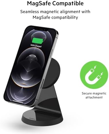 Belkin Magnetic Wireless Charging Stand – Ultra-Fast Mag Safe Charger for i Phone 12, 13, and 14 – Effortless Magnetic Alignment & Integrated Power Supply – Stylish White Design for Modern Environments – Streamlined Wireless Charging Solution for Enhanced User Experience and Aesthetic Appeal