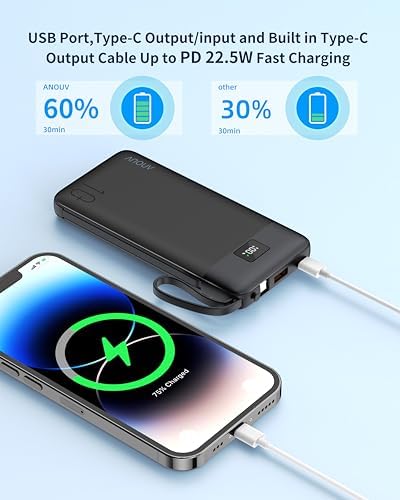 Revolutionize Your Charging Experience with ANOUV 10,000 m Ah Portable Power Bank – Built-in Cables & AC Plug for Fast, On-the-Go USB-C Charging, Compatible with i Phones and All Smart Devices – LED Display for Real-Time Battery Monitoring – The Ultimate Travel Essential for Efficiency and Convenience