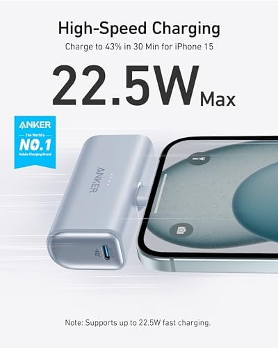 ANKER i Phone 16 Nano Power Bank – 5,000 m Ah Portable Charger with Built-in USB-C Connector for Fast Charging – Compatible with i Phone 16/15, Samsung S22/S23, i Pad Pro/Air, Air Pods & More – Ultra-Compact Design for On-the-Go Power Solutions