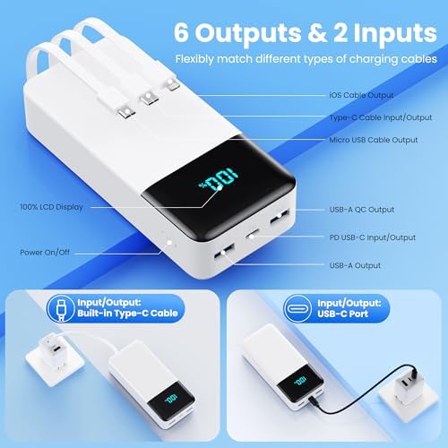 High-Capacity 50800 m Ah Portable Power Bank with 3 Built-In Cables, 25 W PD & QC4.0 Fast Charging – Universal Charging Solution for i Phone 16/15/14/13, Android Devices & More – Smart LCD Display, 6 Outputs & 2 Inputs, Enhanced Safety Features for On-the-Go Power Needs