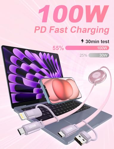 Revolutionary 4-in-1 Retractable USB-C Charging Cable for i Phone 16, Samsung, Mac Book & i Pad – 100 W High-Speed Power Delivery, Tangle-Free Storage, and Sleek Black Design for Ultimate Portability in Home, Office, and Travel Settings