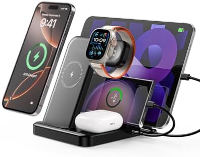 5-in-1 Wireless Charging Station for i Phone 16/15/14/13/12, i Pad Pro/Air/Mini, Apple Watch & Air Pods – Ultra-Fast Multi-Device Charger with Compact Design and Safety Features for Home & Office Organization