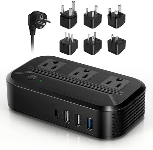 Ultimate 2300 W Voltage Converter & Universal Travel Adapter – Transform 220 V/240 V to 110 V/120 V with 4 USB Ports and 3 AC Outlets – Comes with 7 Global Plug Adapters (EU, US, AU, IT, UK, India, South Africa) for Maximum Compatibility and Rapid Device Charging