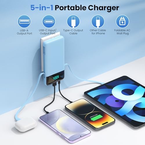 Upgrade Your Charging Experience: 13800 m Ah Portable Power Bank with Built-in Cables and Wall Plug – Fast Charging USB-C Battery Pack for i Phone 16/15/14, Samsung & Android Devices – Ultimate Travel Companion with 4 Outputs for Simultaneous Device Charging