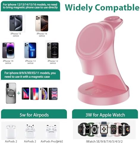 Magnetic 3-in-1 Wireless Charger Stand for i Phone 16/15/14/13/12, Apple Watch & Air Pods Pro – Fast Charging Dock with Intelligent Safety Features and Sleek Design for Effortless Device Organization
