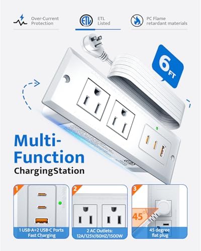 Sleek Recessed Power Strip with 20 W USB-C Fast Charger & USB-A Port – Space-Saving Desk Outlet for Effortless Device Charging, 6 ft Cord & 45° Slim Plug for Easy Access in Furniture – Ideal for Home Office and Conference Rooms