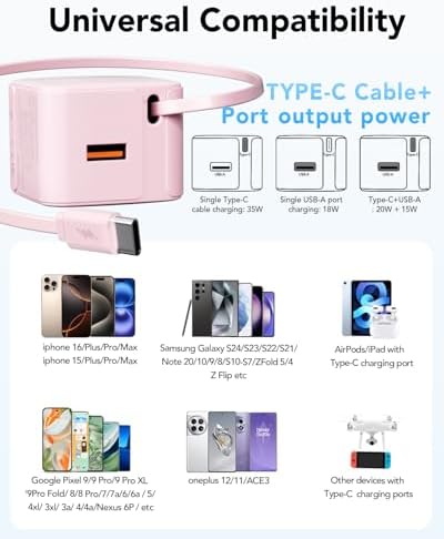 Rapid 35 W Ga N USB Wall Charger with Retractable Lightning Cables – Portable and Sleek Charging Solution for i Phone 14/13/12 & i Pad – Tangle-Free Design for Effortless Travel and Enhanced Compatibility with Apple Devices