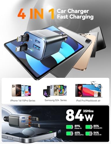 JOYROOM Ultra-Compact 84 W Retractable Car Charger – Fast USB-C Charging for i Phone 12-16 | Travel Essential Car Adapter for Quick Device Power-Up | Sleek Design, Tangle-Free Cable, Perfect Gift for Men & Women