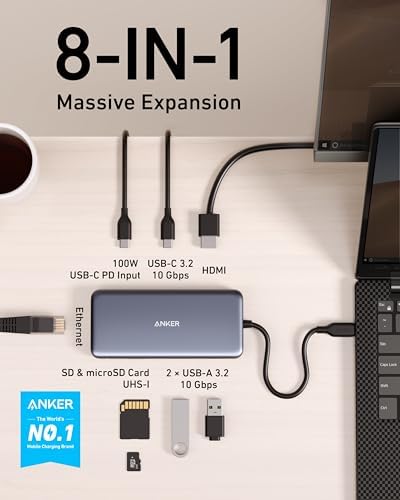 Anker 555 USB-C Hub 8-in-1: Ultimate Connectivity Solution with 85 W Power Delivery, 4 K 60 Hz HDMI Output, High-Speed 10 Gbps Data Ports, Ethernet, and Card Readers for Mac Book Pro and More – Enhance Your Productivity and Streamline Your Workspace