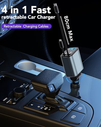 2025 Ultra-Compact 4-in-1 Retractable Car Charger – 69 W Fast Charging Adapter for i Phone 16, Galaxy and More – Innovative Space-Saving Design with Multiple Ports for Simultaneous Device Powering – Essential Car Accessory for Daily Commutes and Road Trips