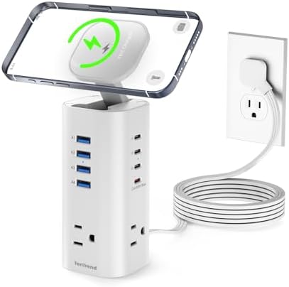 Ten Trend Surge Protector Tower: 160 W Fast Charging Hub with 3 AC Outlets & 8 USB Ports (4 USB-C) – 5 FT Flat Plug Extension for Home Office Efficiency and Device Safety