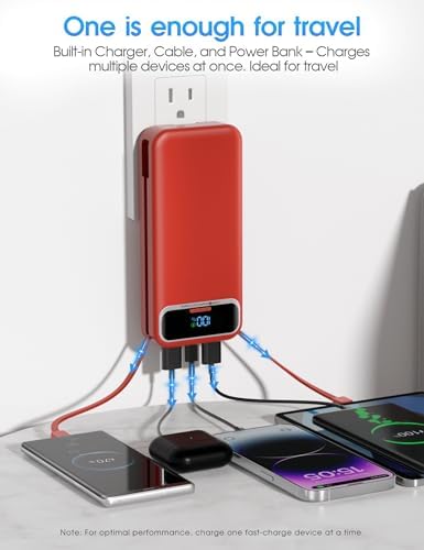 Ultra-Compact 12000 m Ah Power Bank with Built-in Charging Cables & AC Plug – 20 W PD Fast Charging for i Phone, Samsung, Android, USB-C Devices – Travel-Friendly External Battery Pack in Purple – Unmatched Portability and Efficiency for On-the-Go Charging Solutions