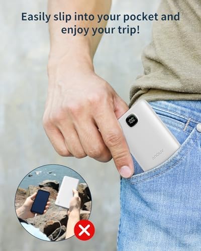 Ultra Slim ANOUV 10,000 m Ah Portable Charger – Fast Charging Power Bank with PD 22.5 W & QC 3.0 for i Phone and Android Devices – Lightweight External Battery for On-the-Go Charging Needs