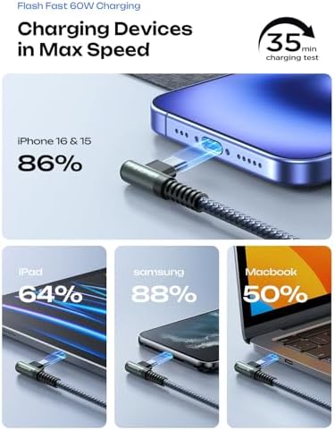 Revolutionize Your Charging with AINOPE 60 W USB C Cable 2-Pack – 10 ft Durable Nylon Braided Right Angle Type C Charger for i Phone 16 Pro Max, Samsung S24, and i Pad Pro – Fast Charging, Enhanced Compatibility, and Long-Lasting Performance