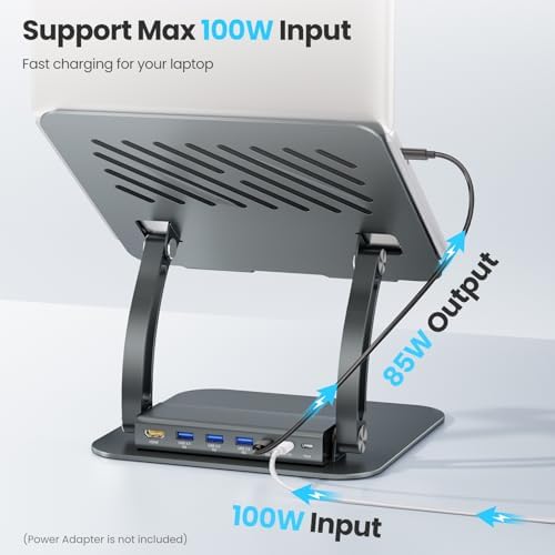 Transform Your Workspace with the Tounee Ergonomic Laptop Stand & USB-C Hub – Fast 100 W Charging, 4 K@60 Hz HDMI Output, 3 USB Ports for Effortless Device Connectivity – Ideal for 10-17″ Laptops & Mac Book in Stylish Gray Finish