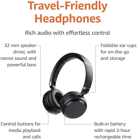 Elevate Your Audio Experience with Amazon Basics Bluetooth Headphones – 35-Hour Battery Life, Collapsible On-Ear Design for Effortless Travel, and Integrated Microphone for Seamless Hands-Free Calling – Exceptional Comfort and Premium Sound Quality for Every Music Enthusiast and Professional