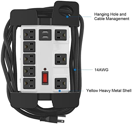 Industrial Heavy Duty Power Strip with 8 Outlets & USB Ports – 2700 Joules Surge Protector for Workshop & Garage – 15 Amp Metal Power Strip with 6 FT Extension Cord for Enhanced Device Compatibility & Fast Charging