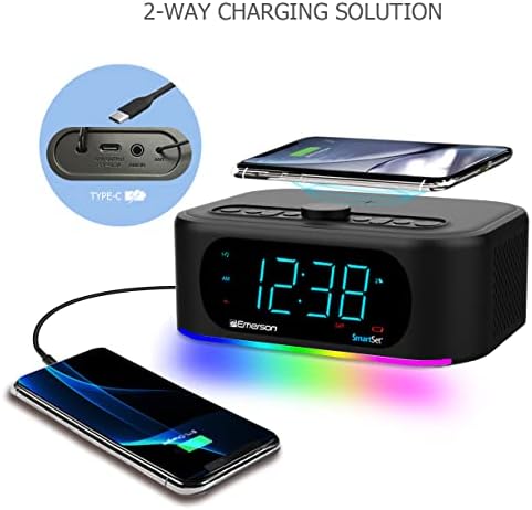 Elevate Your Morning Routine with the Emerson ER100202 Smartset Dual Alarm Clock Radio – Bluetooth-Enabled, USB Charging Port, and Qi Wireless Charger for Effortless Device Power – Stylish and Functional Addition to Your Bedside or Office Setup