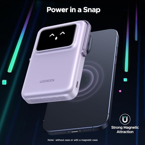 UGREEN Uno 10000 m Ah Magnetic Power Bank – Qi 7.5 W Wireless Charger with PD 20 W USB-C Fast Charging & Foldable Stand – TFT Display for Real-Time Battery Monitoring – Mag Safe Compatible for i Phone 16/15/14/13/12 – Ultra-Portable Power Solution in Sleek Black