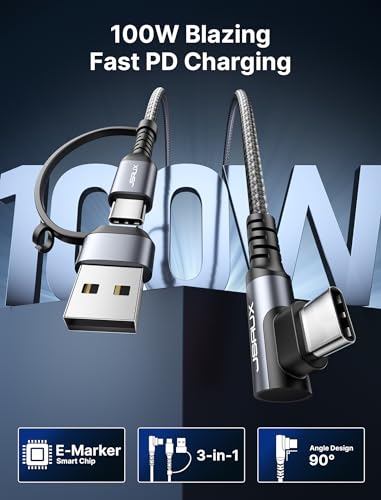 JSAUX 100 W USB C Cable 2-Pack – 10 FT Right-Angle Charging Cords with Fast Data Transfer for i Phone 16, Samsung Galaxy, i Pad & Mac Book – Durable & Flexible Design for Effortless Charging in Tight Spaces