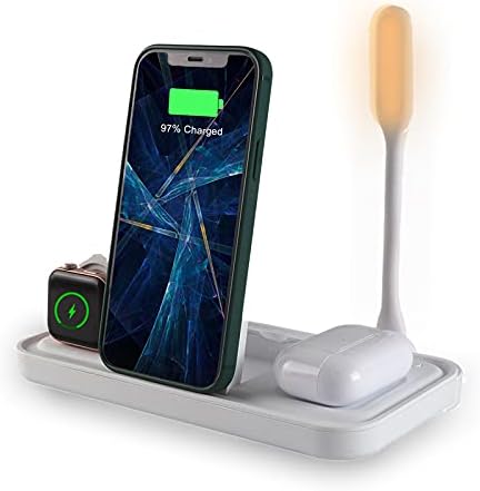 Innovative 4-in-1 Wireless Charging Station Lamp – Seamless Integration for i Phone, Samsung & Qi-Enabled Devices, Effortless Charging for Air Pods & Apple Watch Series 2-6 – Stylish White Design for Home or Office Use – Anti-Slip Base for Stability and Enhanced Convenience
