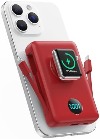 Ultimate 6-in-1 Magnetic Portable Charger, 10800 m Ah Power Bank for i Phone – Features Integrated Cables, Wireless Charging for Apple Watch, Smart LCD Display, and 25 W PD Fast Charging – Perfect Travel Accessory for All Devices with Enhanced Safety Features and Compatibility for i Phone 12 to 16 Series
