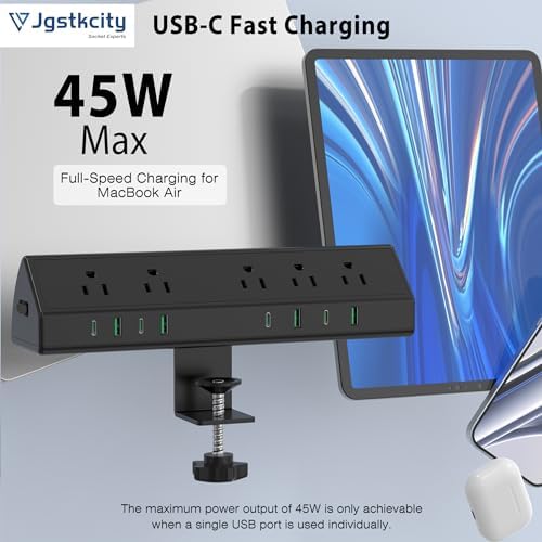 Maximize Efficiency with the 45 W Desk Clamp Charging Station – 4 PD USB-C Ports & 5 AC Outlets, ETL Listed Surge Protector for Ultimate Device Protection, 14 AWG Heavy-Duty Cord, Secure Fit for 1.9″ Tabletops (Black, 6 FT Cable) – Your All-in-One Power Solution for Home and Office