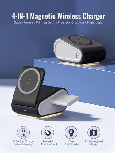 Ultimate 4-in-1 Wireless Charger for i Phone, Air Pods Pro 2, and Apple Watch – Foldable Travel Charging Station with Mag Safe Technology for Enhanced Compatibility and Fast Charging, Featuring Innovative Pop-Up Design and Adjustable Night Light for Convenient Multi-Device Use