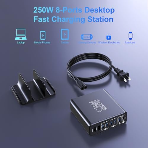 Aftertop 250 W Ga N USB C Charging Station – 8-Port PD3.1 Fast Charger for Laptops & Mobile Devices – Compact Multi-Device Power Hub for Mac Book, i Phone 15/16 Pro Max, Galaxy S24/S23 Ultra, Pixel & More – Ultimate Efficiency & Safety Features