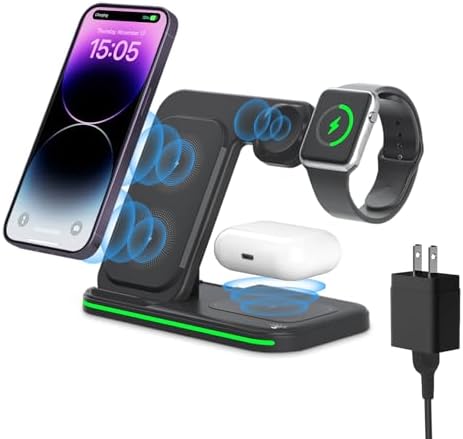 3-in-1 Foldable Wireless Charging Station for i Phone, Apple Watch & Air Pods – Fast Charging Hub with QC 3.0 Adapter for Enhanced Speed and Multi-Device Compatibility – Sleek Black Design for Home, Office & Travel Use – Effortless Charging with Adjustable Stand & Safety Features